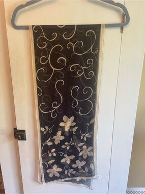 Vintage 1990’s Talbots sheer Silk Scarf Oblong Deep Navy Cream Floral Swirl